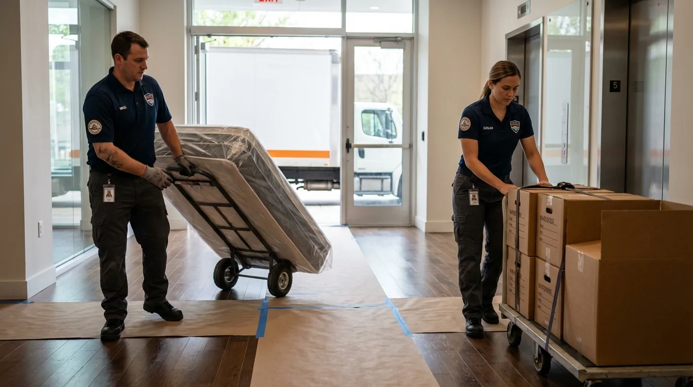 Professional apartment movers loading elevator in Genoa, OH